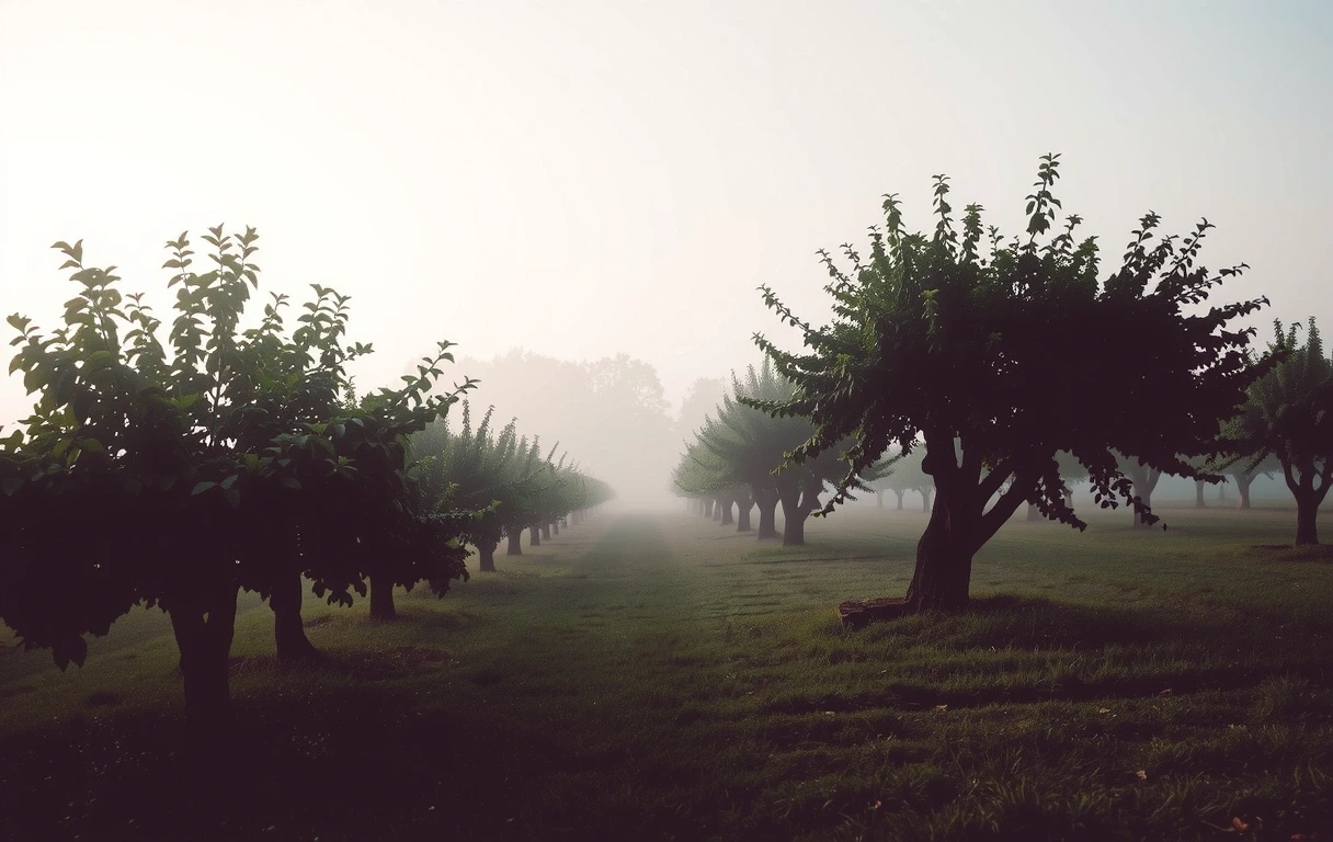 Mglisty sad o poranku