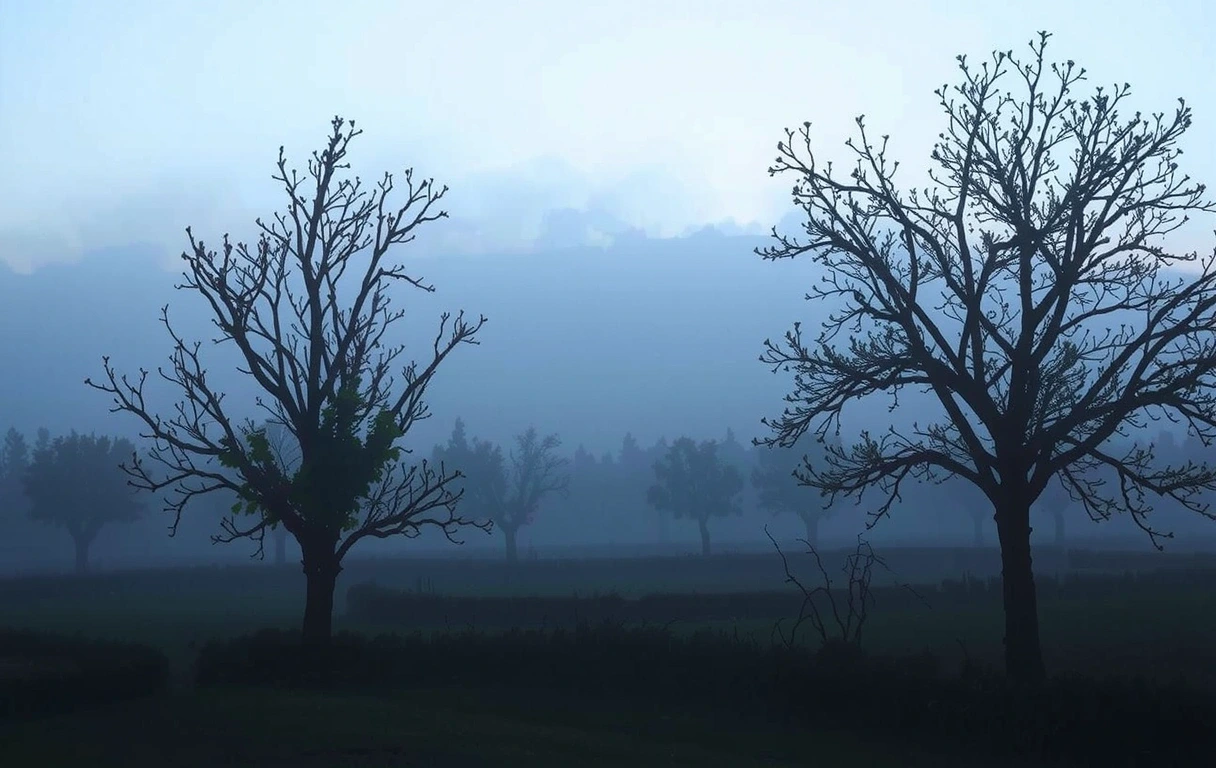 Mglisty sad o świcie