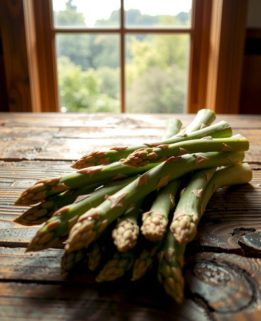 Świeże zielone szparagi w porannym słońcu